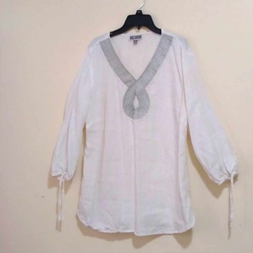 JM collection Women 100% Linen Top Blouse XL V-neck  3/4th sleeve length white